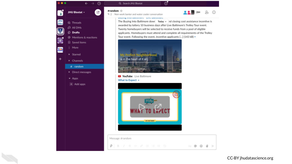 An image of a Slack profile landing page which shows workspaces on the far left, then channels, then messages for a specific channel.