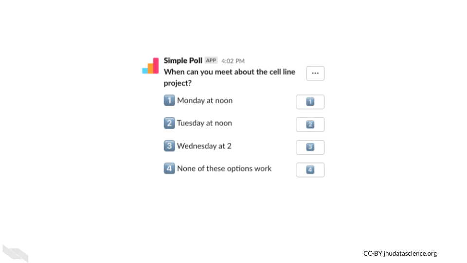  An example of a Slack simple poll that says: When can you meet about the cell line project?- Monday at noon, Tuesday at noon, Wednesday at 2, or None of these options work.
