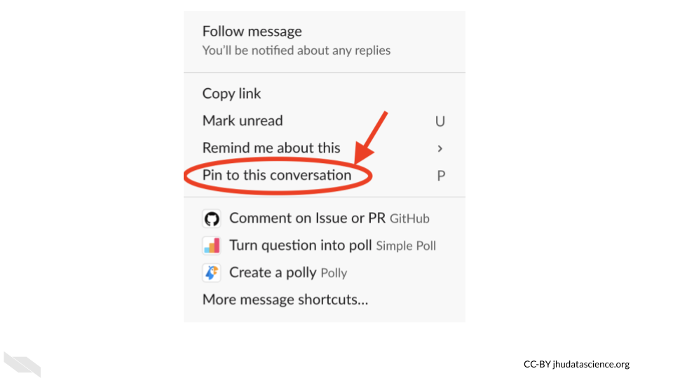 This image shows the option to pin a message in a channel.