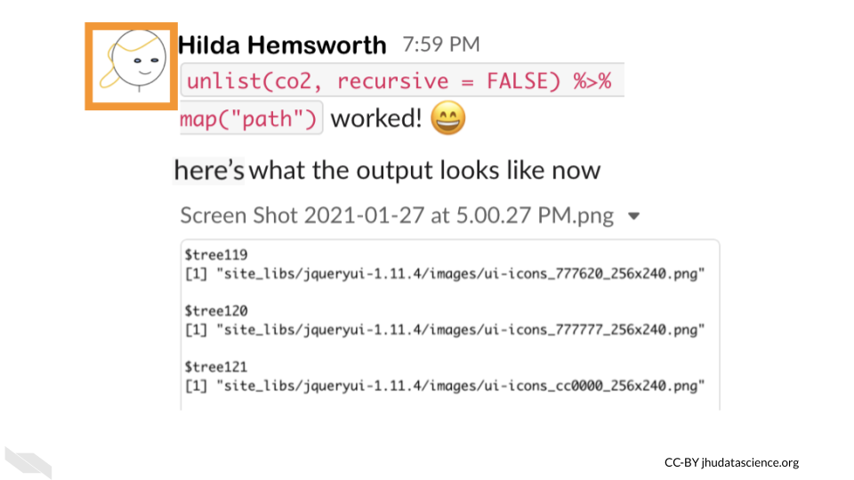 An example of a Slack message with code which is displayed differently as it is in red font with a gray background.