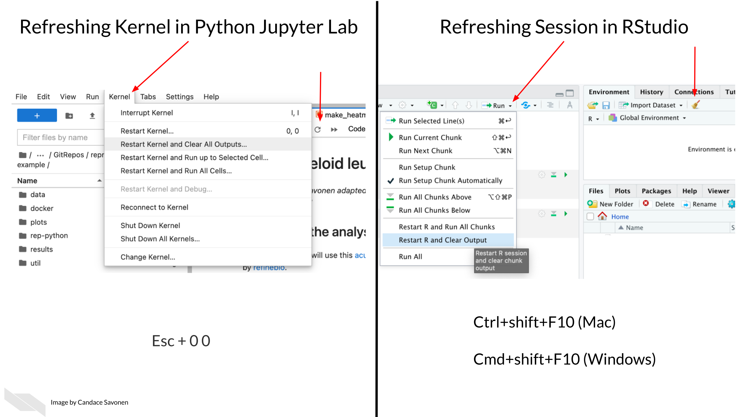 To refresh your kernel in python jupyter lab, go to Kernel then choose one of the Restart Kernel options. You can also use the keyboard shortcut of Escape and pressing 0 twice.  In RStudio, go to the dropdown arrow next to Run and choose Restart R and Clear Output. Or you can press the broom, OR you can use the keyboard shortcut of Ctrl and shift and F10 (For Mac) or Cmd and shift and F10 ( for Windows).