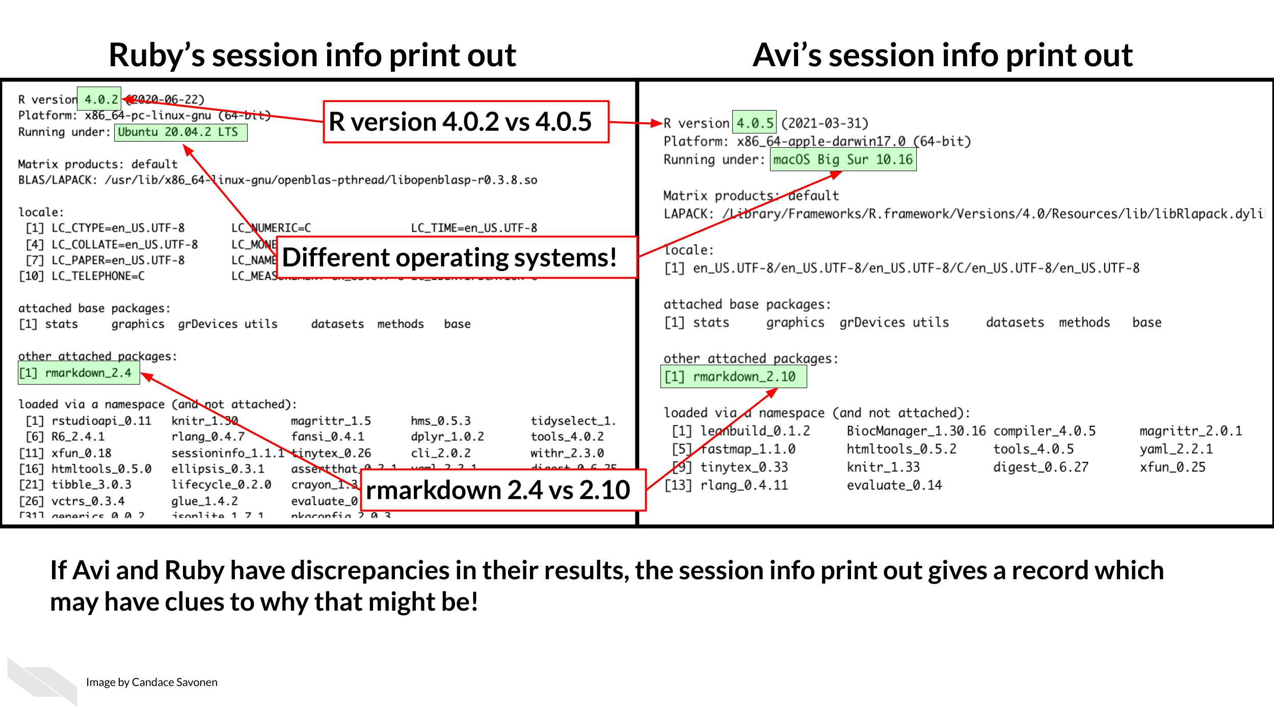 Two session info print outs are show side by side. One is labeled as ‘Ruby’s session info print out’ and the other as ‘Avi’s session info print out’. Highlighted we can see that they have different R versions: 4.0.2 vs 4.0.5. They also have different operating systems. The packages they have attached is rmarkdown but they also have different rmarkdown package versions!  If Avi and Ruby have discrepancies in their results, the session info print out gives a record which may have clues as to why that might be! This can suggest items to look into for determining why the results didn’t reproduce as expected.