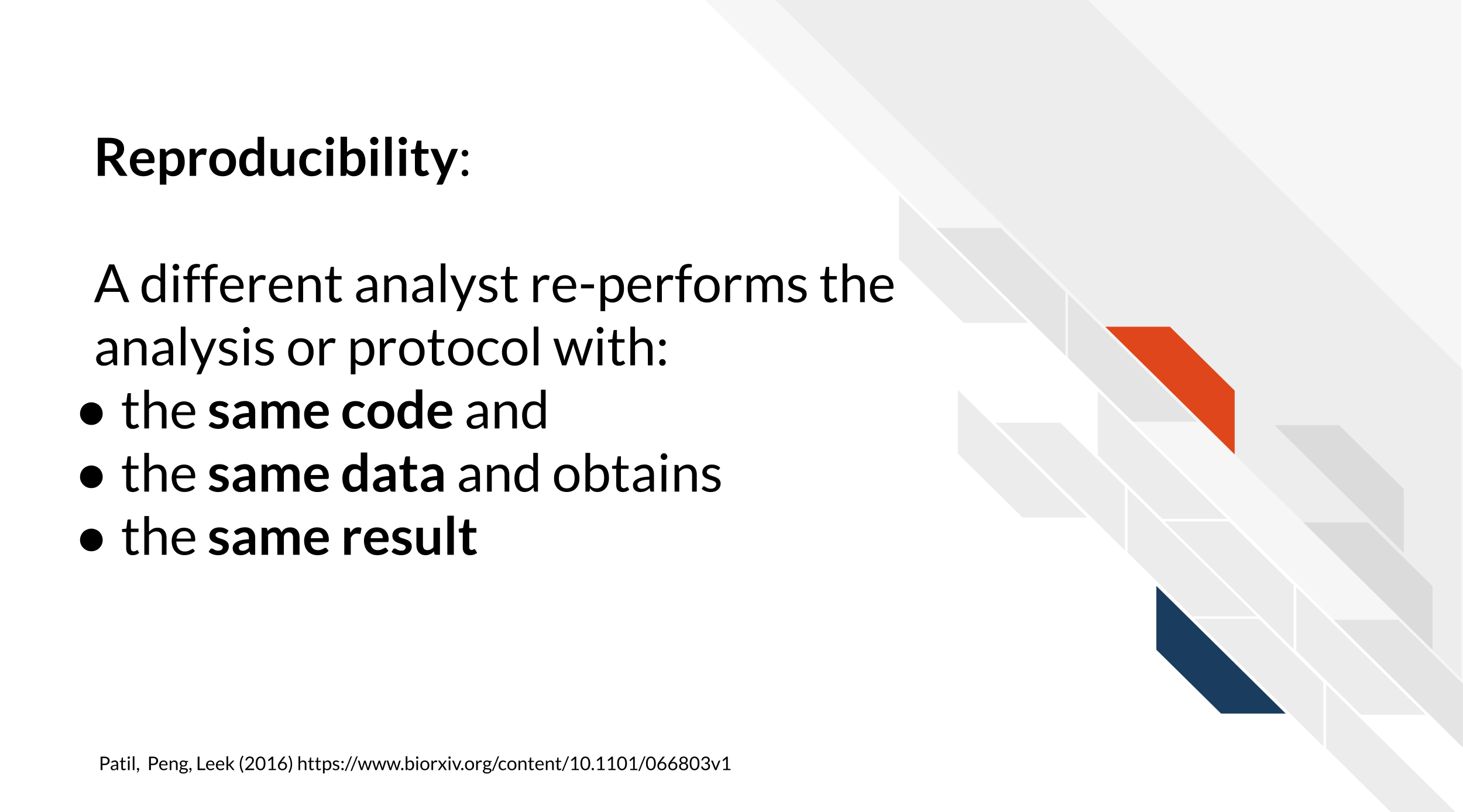 Reproducibility is a different analyst re­-performing the same analysis with the same code and data.